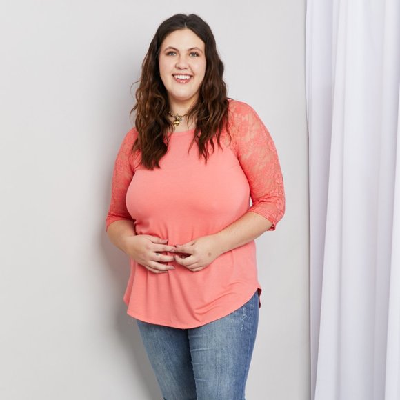 Zenana Full Size Spliced Lace Half Sleeve Round Neck Top in Deep Coral - Picture 9 of 10